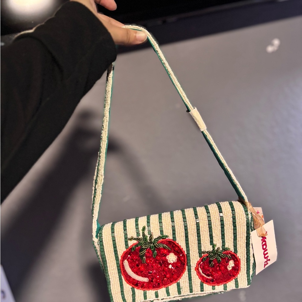 T.J.Maxx Green and White Tomato Embroidered Shoulder Bag